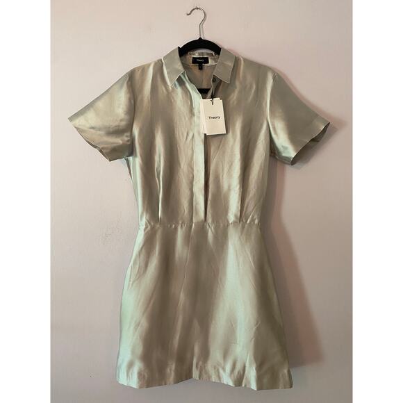 NWT Theory Silk Ice Gray Shantung Twill Button Down A-Line Mini Dress Women's 6 - Picture 2 of 16